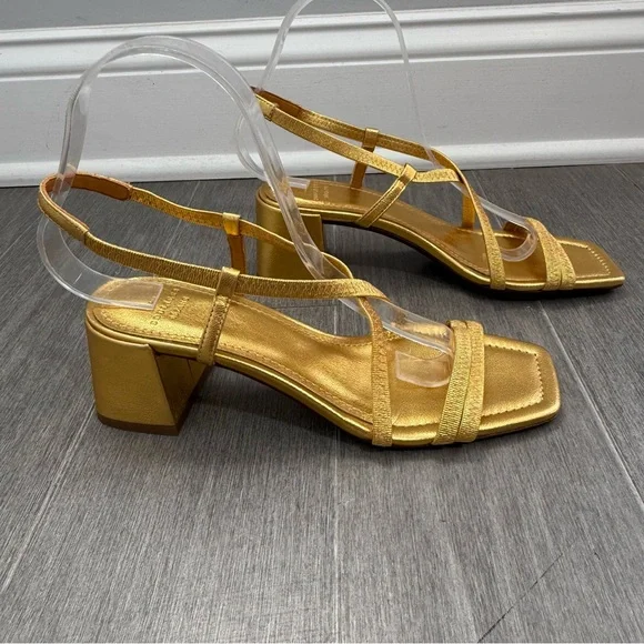 SEZANE PERNILLE SANDALS GOLD 37 6.5 Strappy Block Heel Square Toe Metallic Shoes - Picture 6 of 16